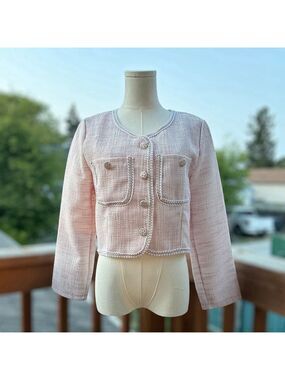 Hello Fashion Pink White Tweed Jacket Blazer Floral Button Gold Trim Women Sz M